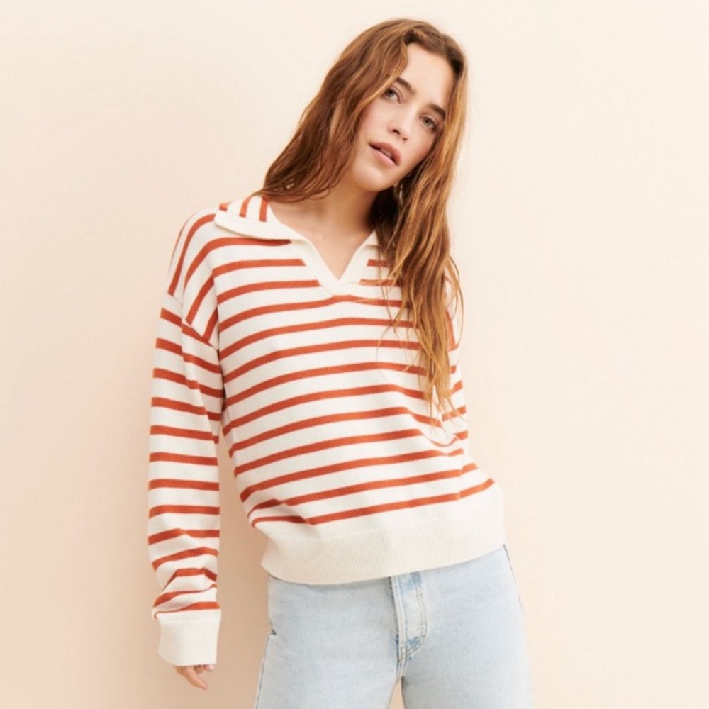 Anthropologie Flat White Striped Polo Knit Sweater, Cream/ Rust, size M